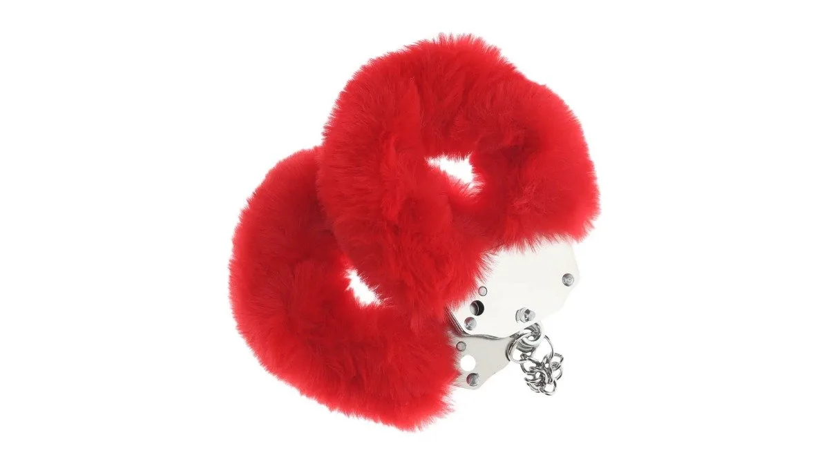 Ouch! Heavy Duty Fluffy Handcuffs - Červené chlpaté kovové putá