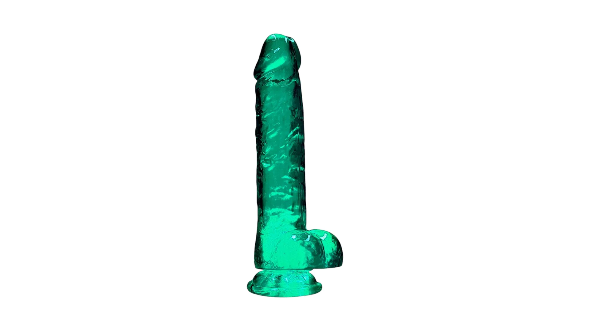 RealRock Crystal Clear Dildo – realistický priesvitný dildo s guľkami a prísavkou 19 cm tyrkysový
